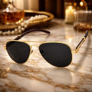 Luxury Gold Metal Sunglasses Black Lens Wood Grain Print Arms UV400 Retro Unisex